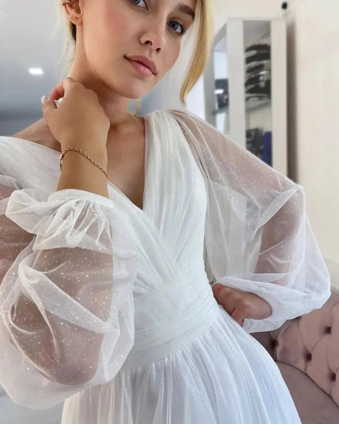 Fabulous Long White A-line V-neck Long Sleeves Glitter Wedding Dress With Slit (ZD14812)