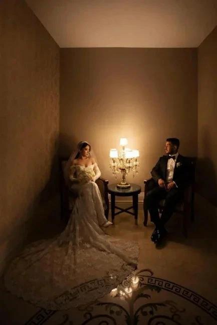 Fabulous Off-the-shoulder Long-Sleeve Mermaid Floor-Length Lace Wedding Dresses with Chapel Train (ZD14668) - View 5 | VelvetHem