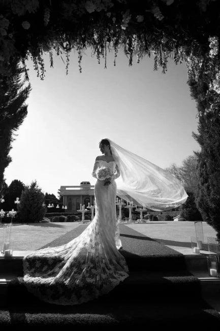 Fabulous Off-the-shoulder Long-Sleeve Mermaid Floor-Length Lace Wedding Dresses with Chapel Train (ZD14668)