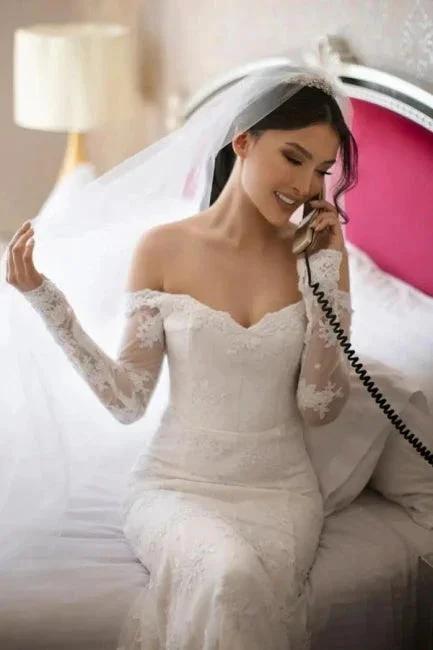 Fabulous Off-the-shoulder Long-Sleeve Mermaid Floor-Length Lace Wedding Dresses with Chapel Train (ZD14668)