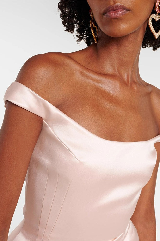Satin Off-Shoulder Elegant Cocktail Mini Silk Dress - View 3 | VelvetHem