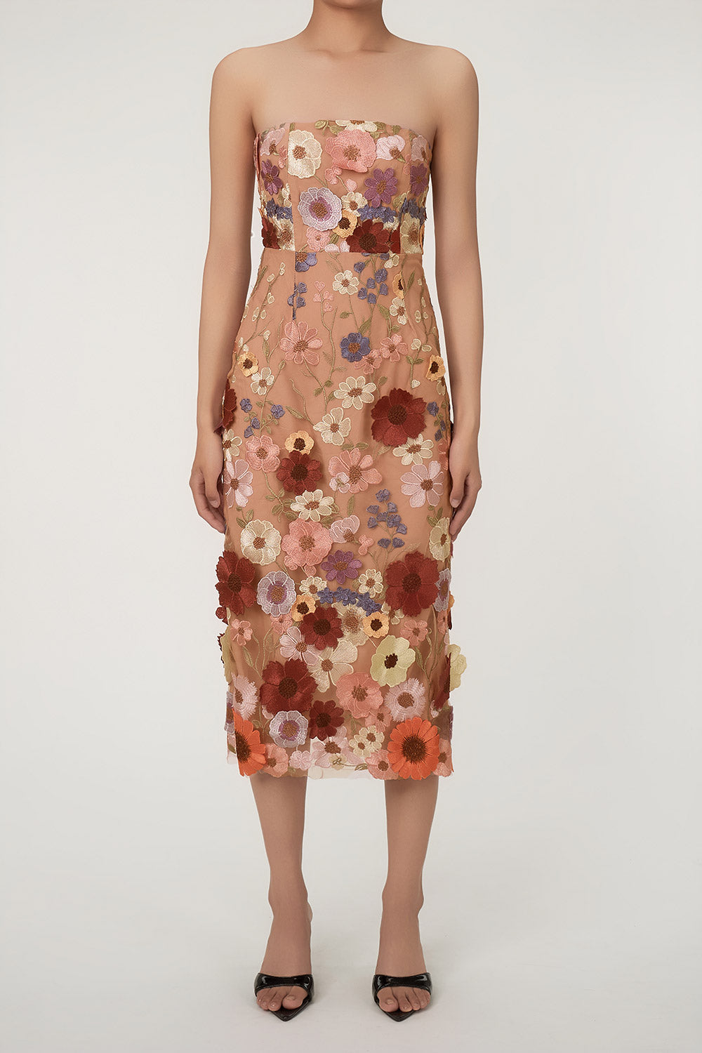 Fairytale Flower Embroidered bodycon Strapless Cocktail Party Midi Dress - Fashionpara