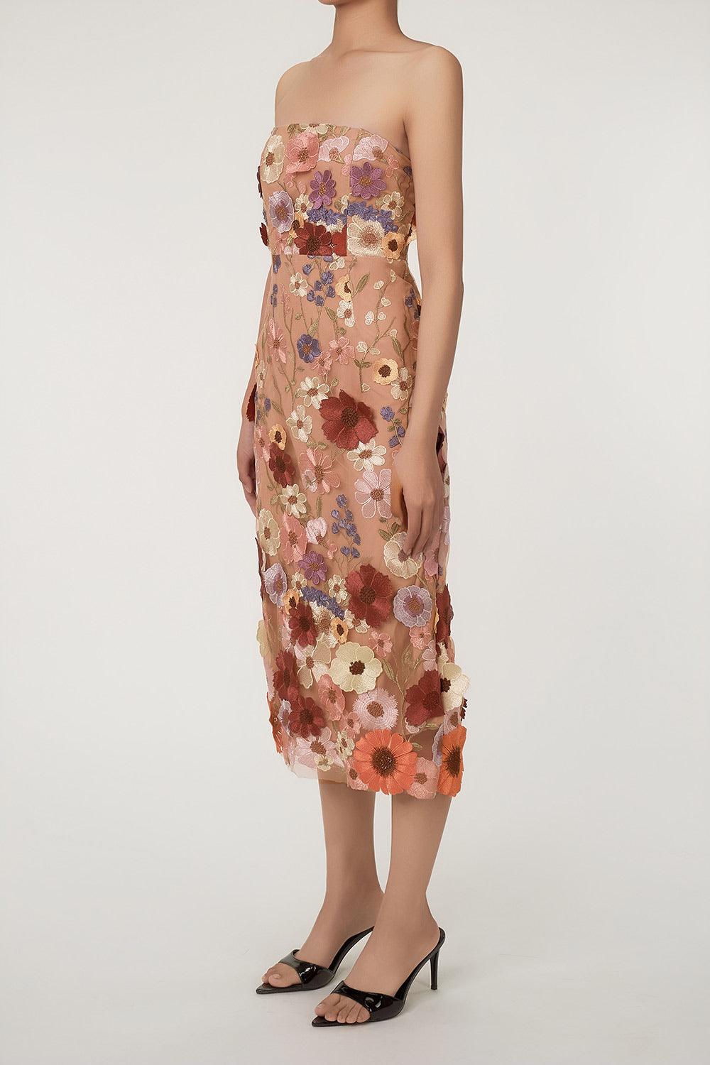 Fairytale Flower Embroidered bodycon Strapless Cocktail Party Midi Dress - Fashionpara