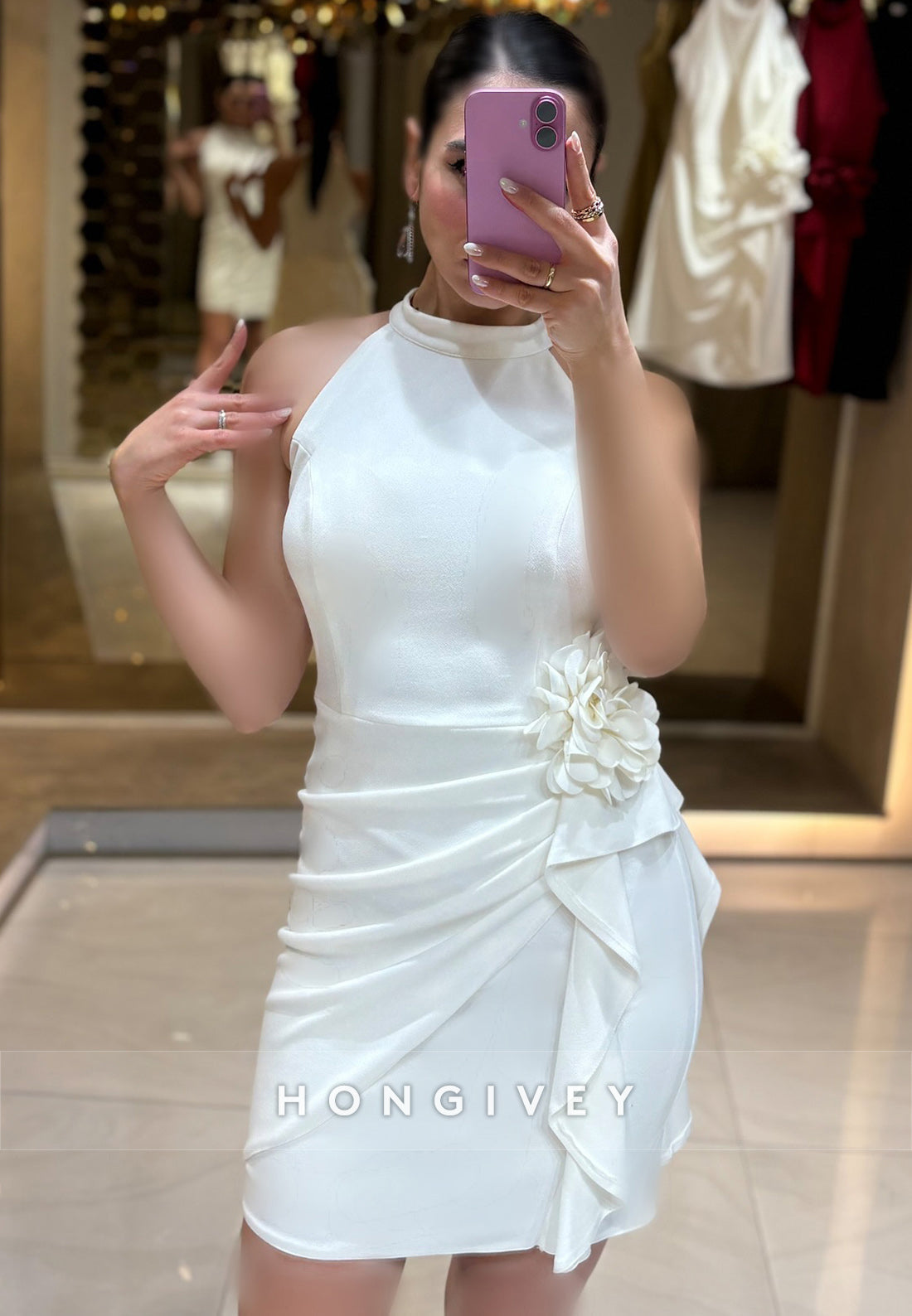 Sheath Cocktail Dresses Sleeveless Pleated Halter Short Dress
