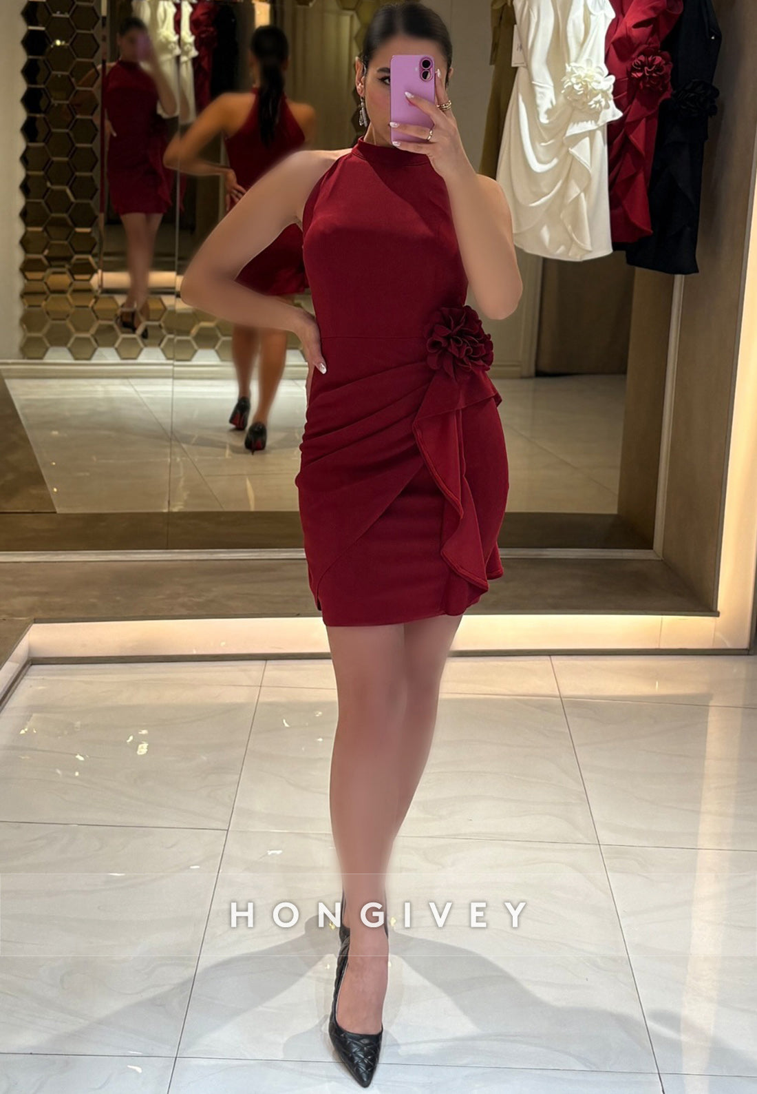 Sheath Cocktail Dresses Sleeveless Pleated Halter Short Dress