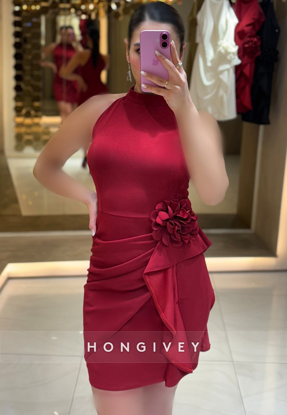 Sheath Cocktail Dresses Sleeveless Pleated Halter Short Dress