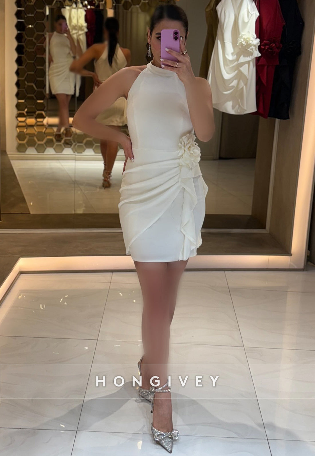 Sheath Cocktail Dresses Sleeveless Pleated Halter Short Dress