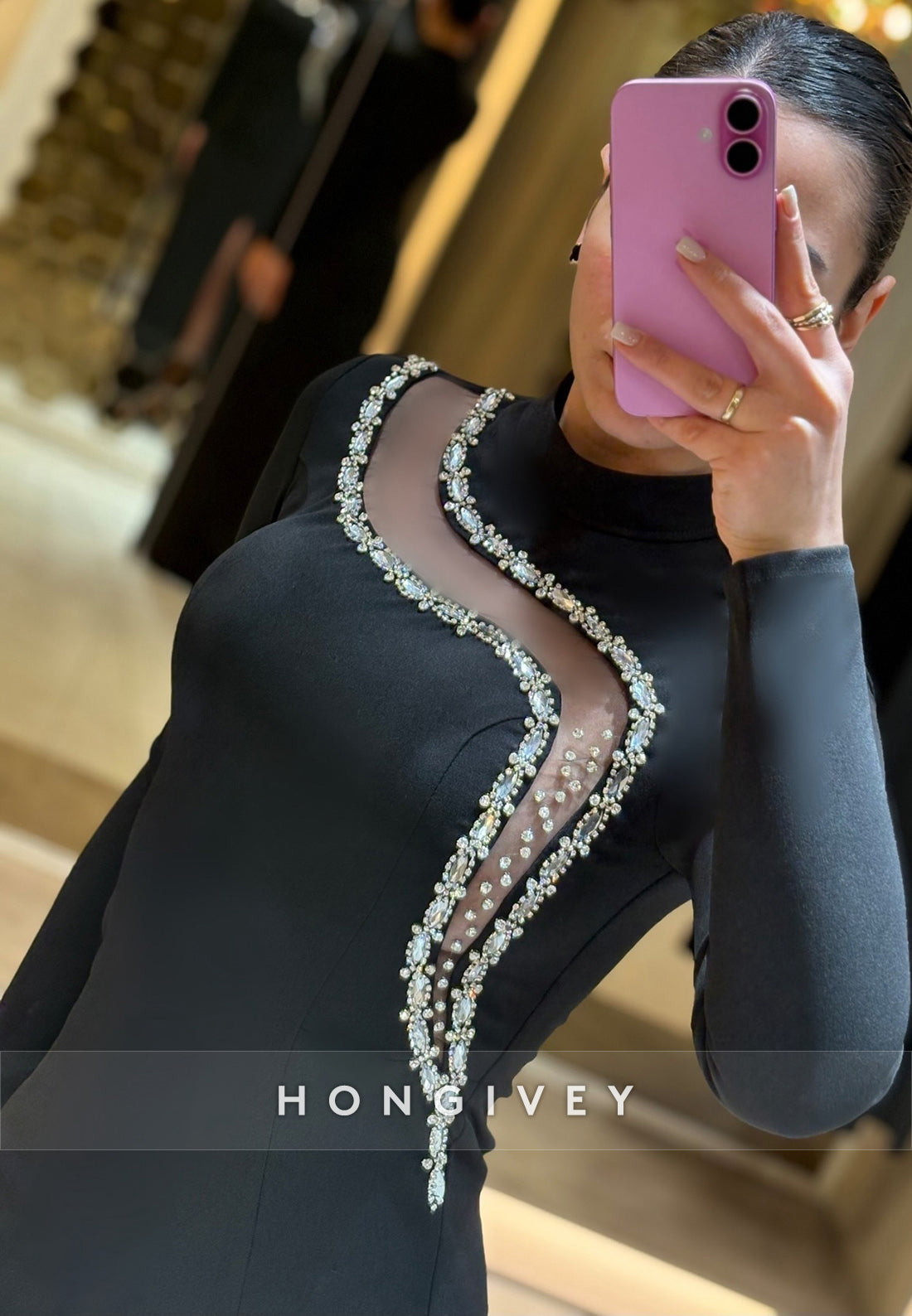 Beaded Floor-Length High Neck Satin Long Sleeve Pleated High Split Evening Gown