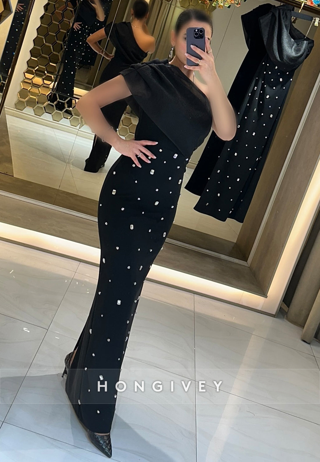 Split Sheath Rhinestone One Shoulder Floor-Length Sleeveless Pleated Evening Gown