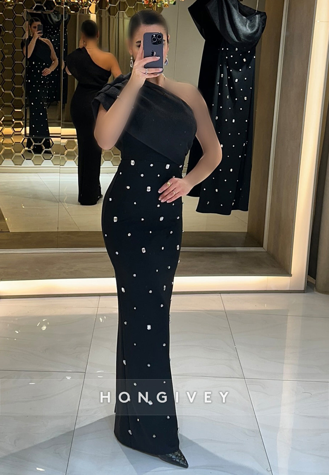 Split Sheath Rhinestone One Shoulder Floor-Length Sleeveless Pleated Evening Gown