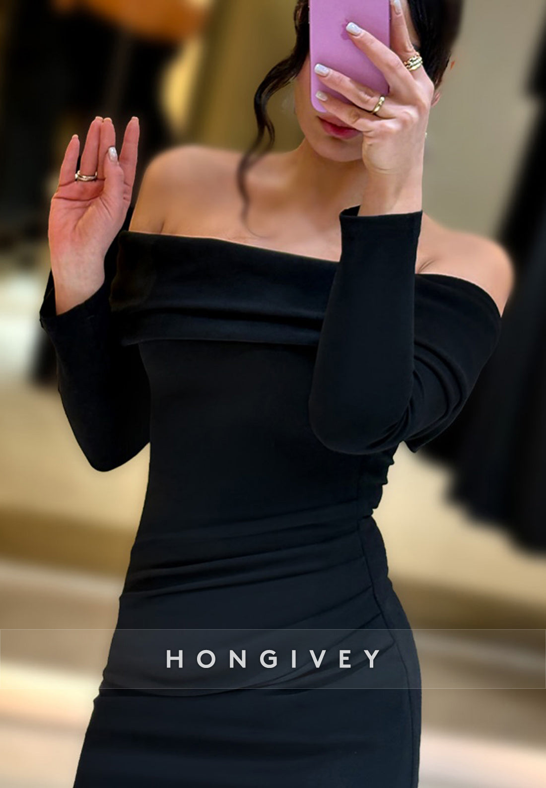 Long Sleeve Floor-Length Sheath Off the Shoulder Satin Pleated Evening Gowns