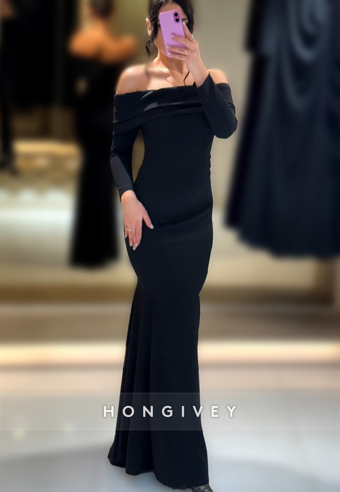 Long Sleeve Floor-Length Sheath Off the Shoulder Satin Pleated Evening Gowns