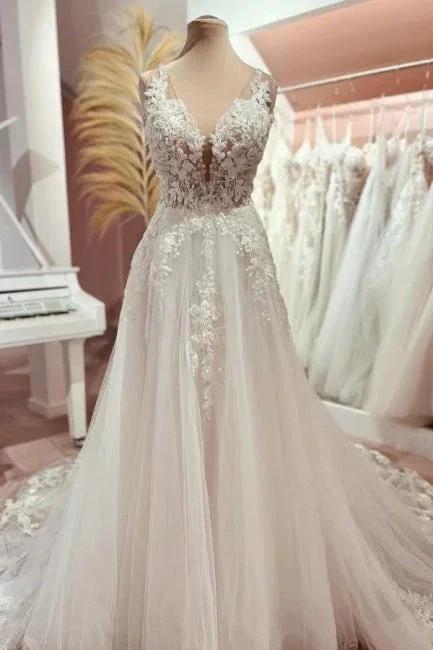 Fashion Long A-line V-neck Lace Tulle Wedding Dress with Train (ZD15589)