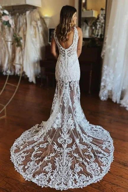 Fashion Spaghetti Straps Lace Mermaid Wedding Gowns With Slit (ZD16456)