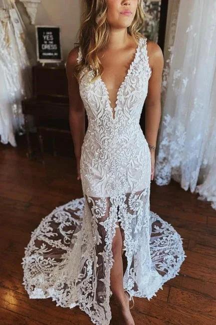 Fashion Spaghetti Straps Lace Mermaid Wedding Gowns With Slit (ZD16456)