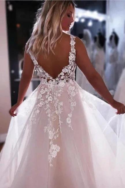 Fashion Straps A-Line Backless V-neck Wedding Dress With Lace (ZD14609)