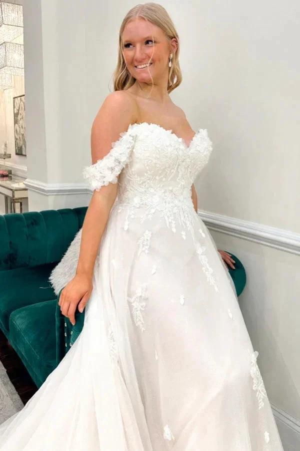 Fashionable Long Ivory A-line Off-the-shoulder Tulle Appliques Wedding Dress (ZD15526)