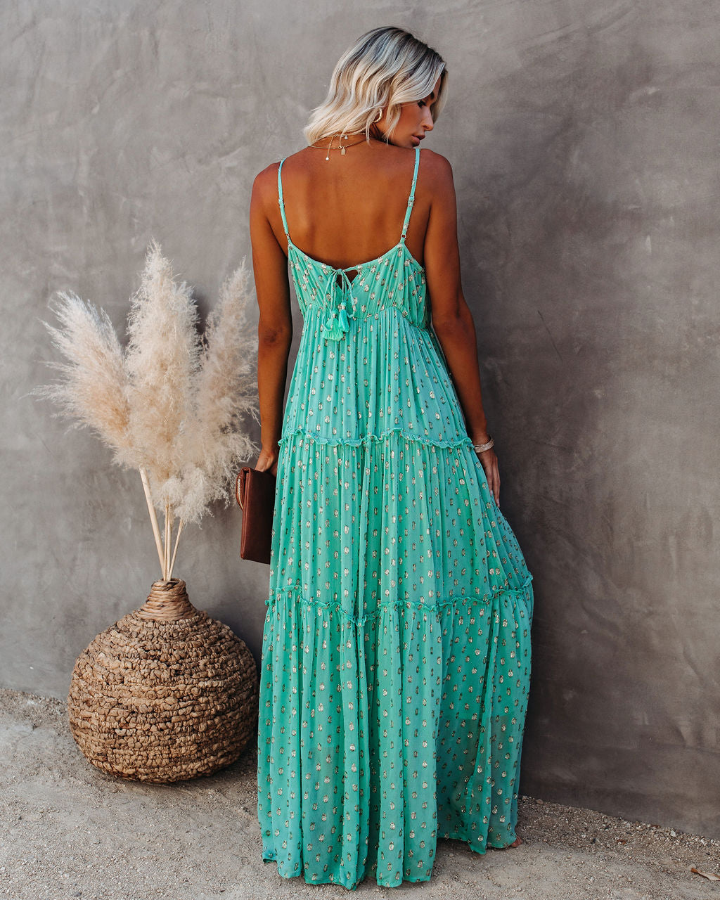 Fathoms Below Adjustable Metallic Tiered Maxi Dress Seafoam