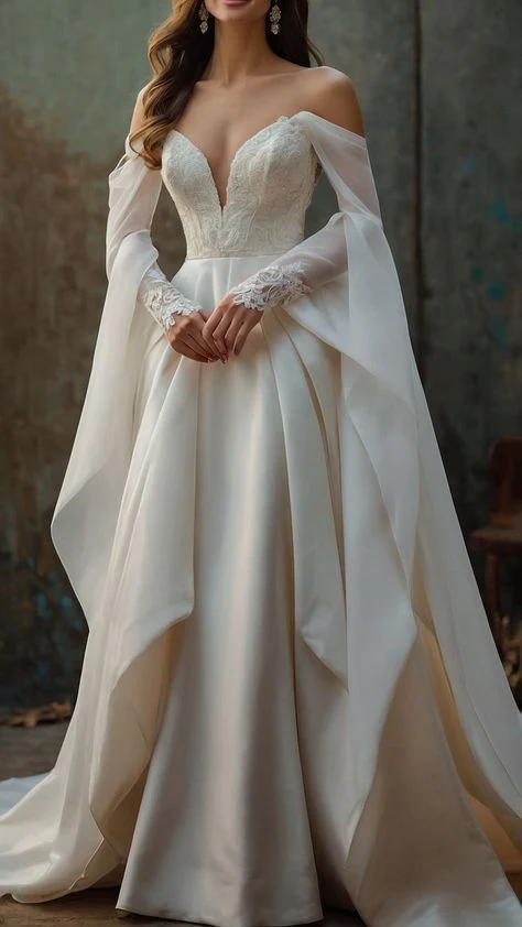 A-Line Off-the-Shoulder Wedding Dress With Lace Long Sleeves Bridal Dresses