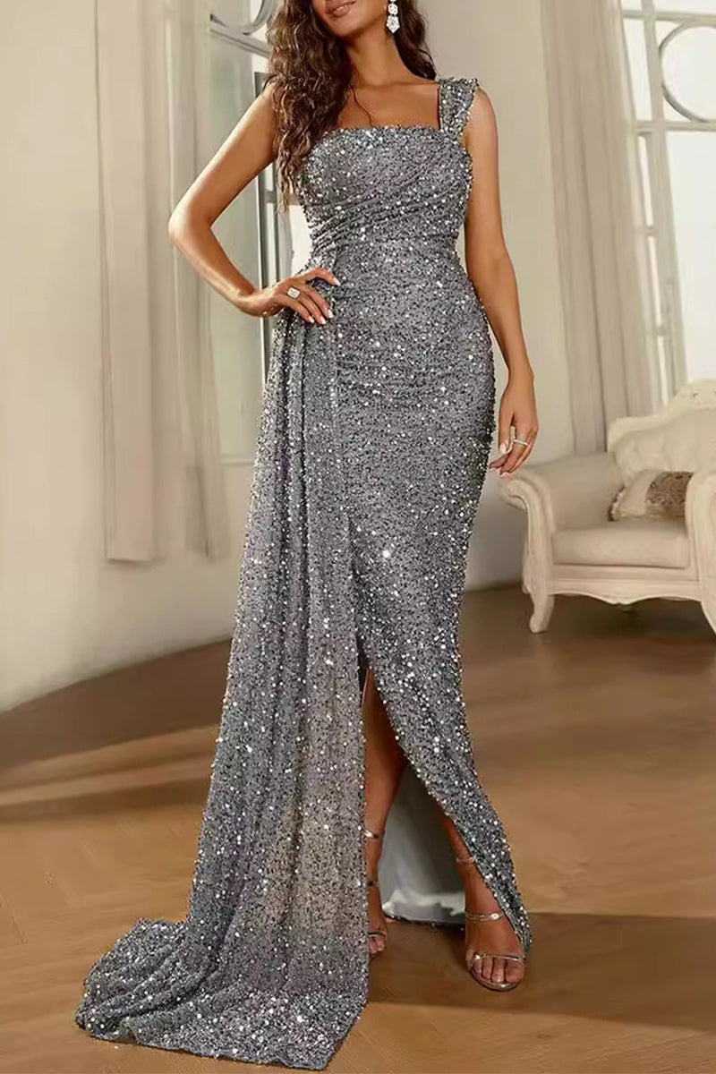 Sexy Formal Solid Sequins Slit Square Collar Evening Dresses - View 2 | VelvetHem