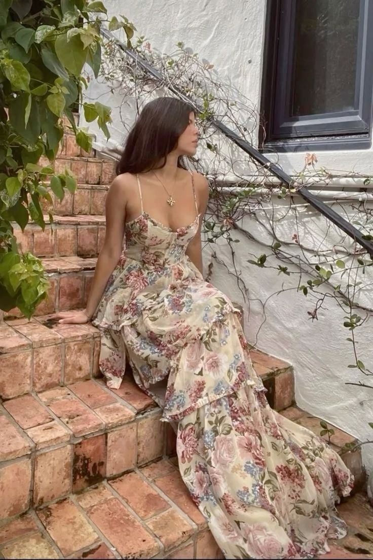 Vintage Print Floral Evening Dress A-Line Layered Ruffles Prom Party Dress - FashionDia