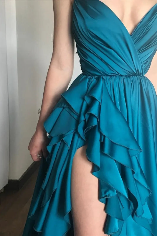V-Neck Spaghetti Straps A-Line Ruffled Party Prom Dress