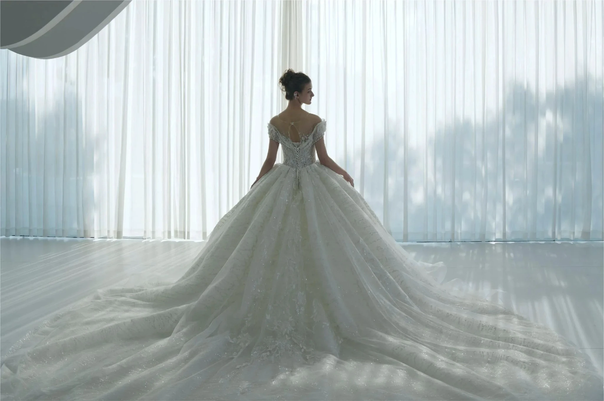 Ethereal Ball Gown Off-the-Shoulder Illusion Lace Wedding Dress with Beaded Embroidery & Cathedral Train M-002 (ZD16919)