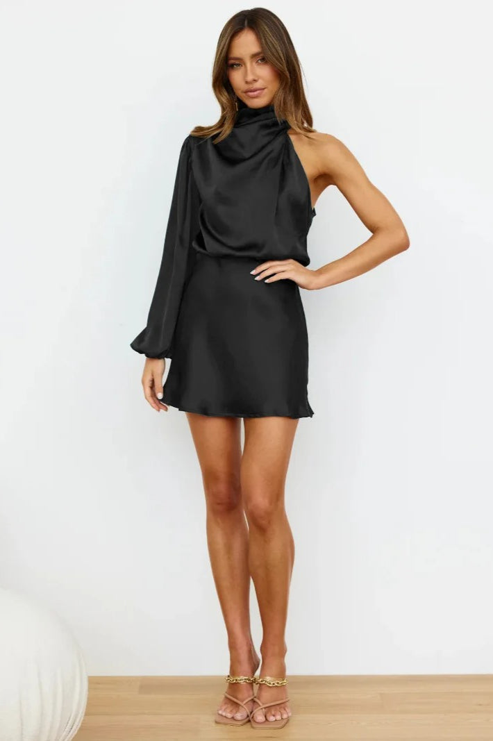 Satin One-Shoulder Mini Dress - View 6 | FashionDia