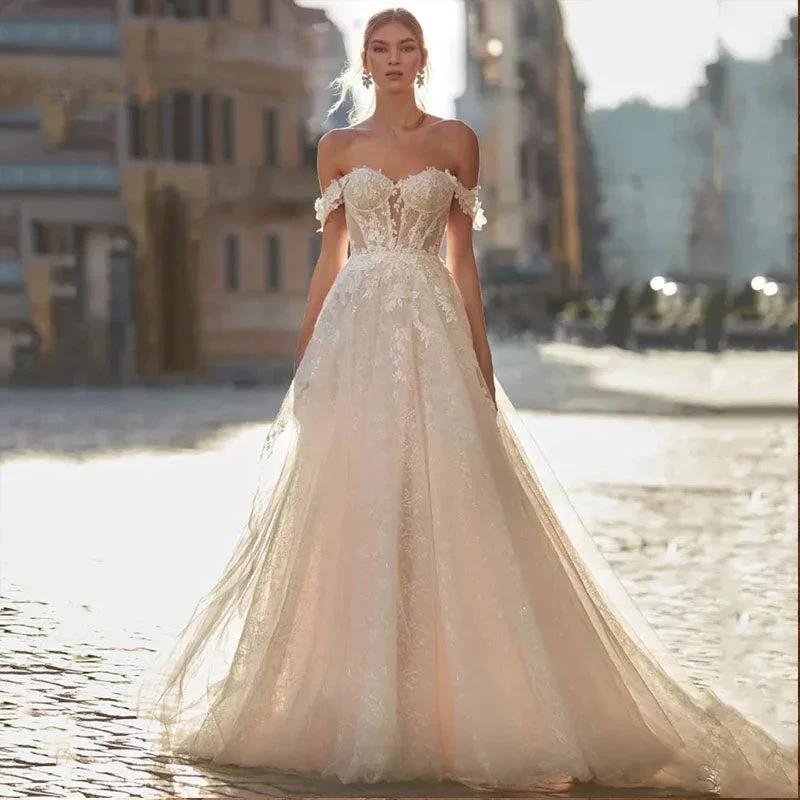 Classical Sweetheart A Line Wedding Dress Backless Lace Appliques Off The Shoulder Bridal Gowns Sweep Train by payinti