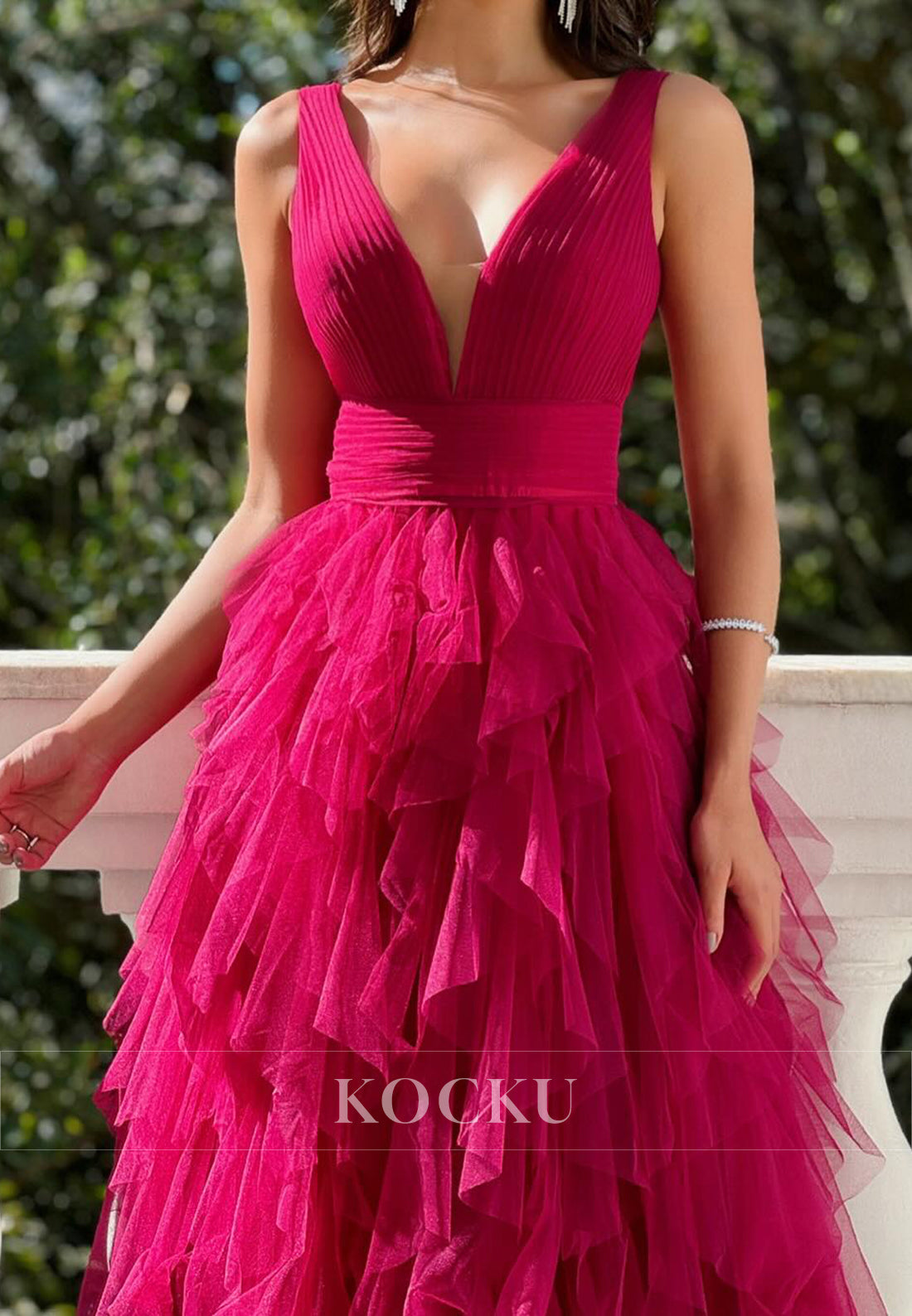 Gorgeous A-Line V-Neck Straps Sleeveless Lace Long Party Prom Dress with Pleats