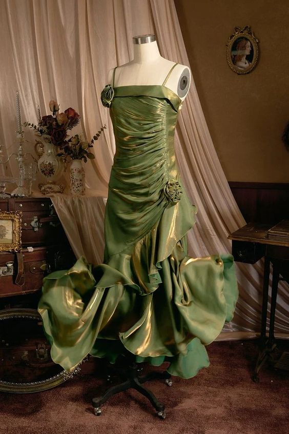 Elegant Mermaid Ruffles Spaghetti Straps Prom Dress With Flower,Formal Party Evening Dress - FashionDia