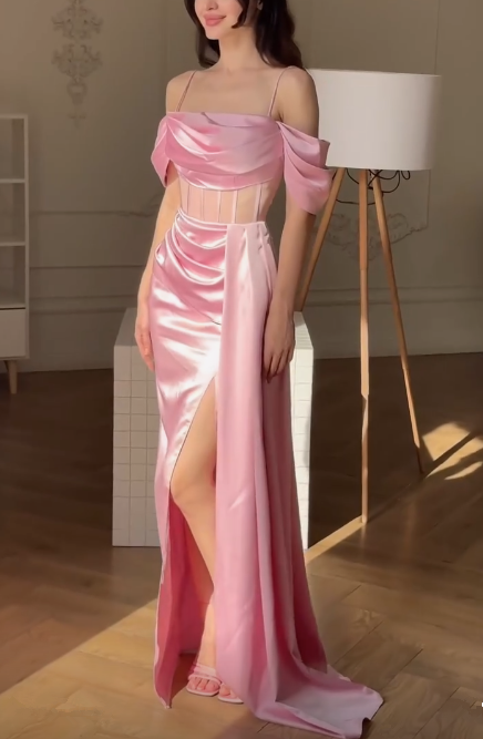 Pink Mermaid Evening Dress Long Slit Party Prom Dress - View 3 | FashionDia