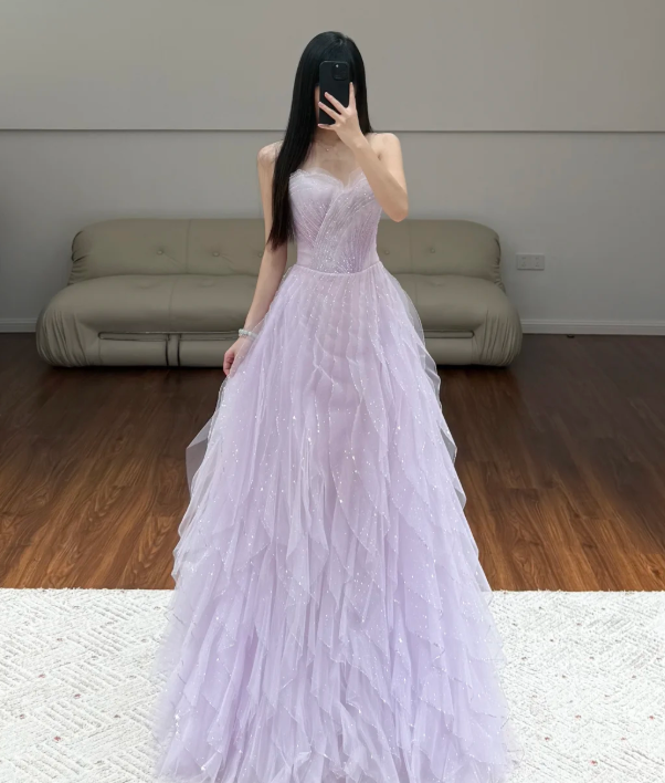 A Line Lilac Prom Party Dress Tulle Formal Gowns Evening Dress