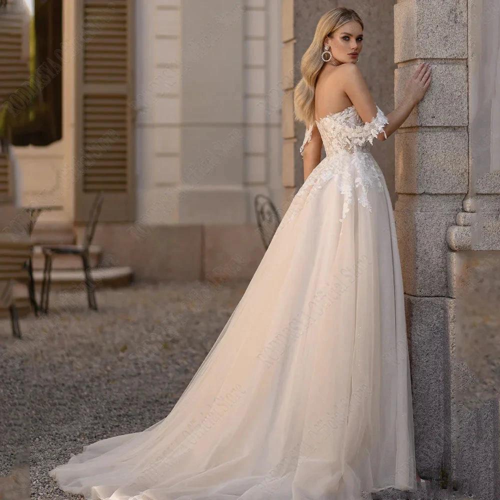 Light Champagne Pastrol Wedding Dresses Off Shoulder Sweetheart Bride Gowns Side Split A-Line Tulle Vestido De Novia (ZD13391) - View 3 | VelvetHem