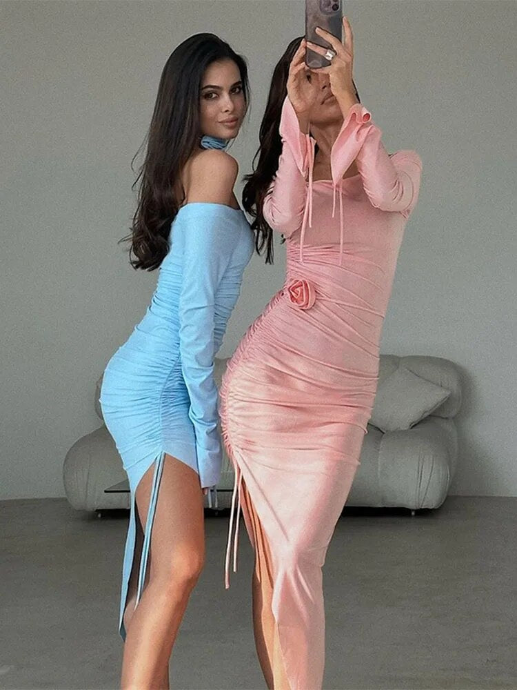 TARUXY Side Slit Pleated Mini Dress For Women Lace Up Bodycon Sexy Maxi Dresses Woman Party Temperament Evening Dress Femme 2023 - View 6 | VelvetHem