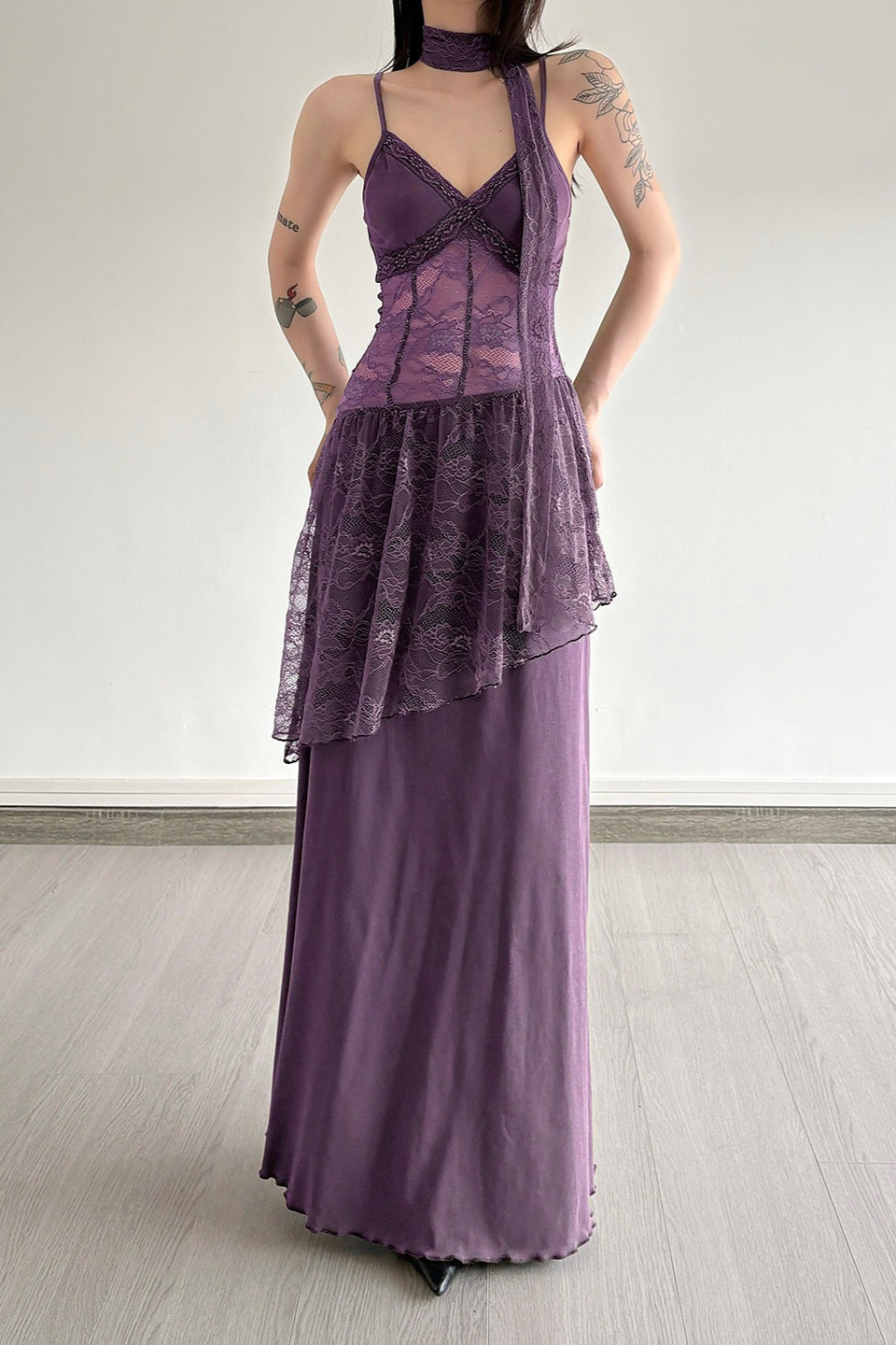 Lace Trim Sheer Waist Tie Cami Maxi Lace Dress - View 7 | VelvetHem