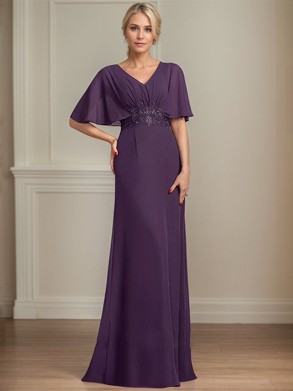 A-Line V-Neck Floor-Length Chiffon Mother of the Bride Dress With Appliques Pleated - View 3 | FashionDia