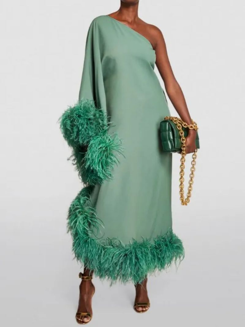 Spring Summer Women Clothing Feather One Shoulder Large Swing Evening Dress - Elegant and Stylish Option for Special Occasions - View 4 | VelvetHem