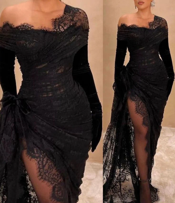 Black Lace Evening Dresses With Long Sleeves Sexy Birthday Gown