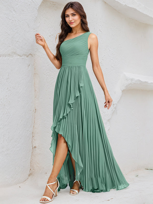 Mist Blue A-Line Chiffon One-Shoulder Sleeveless Asymmetrical Length Dress With Slit - View 4 | FashionDia