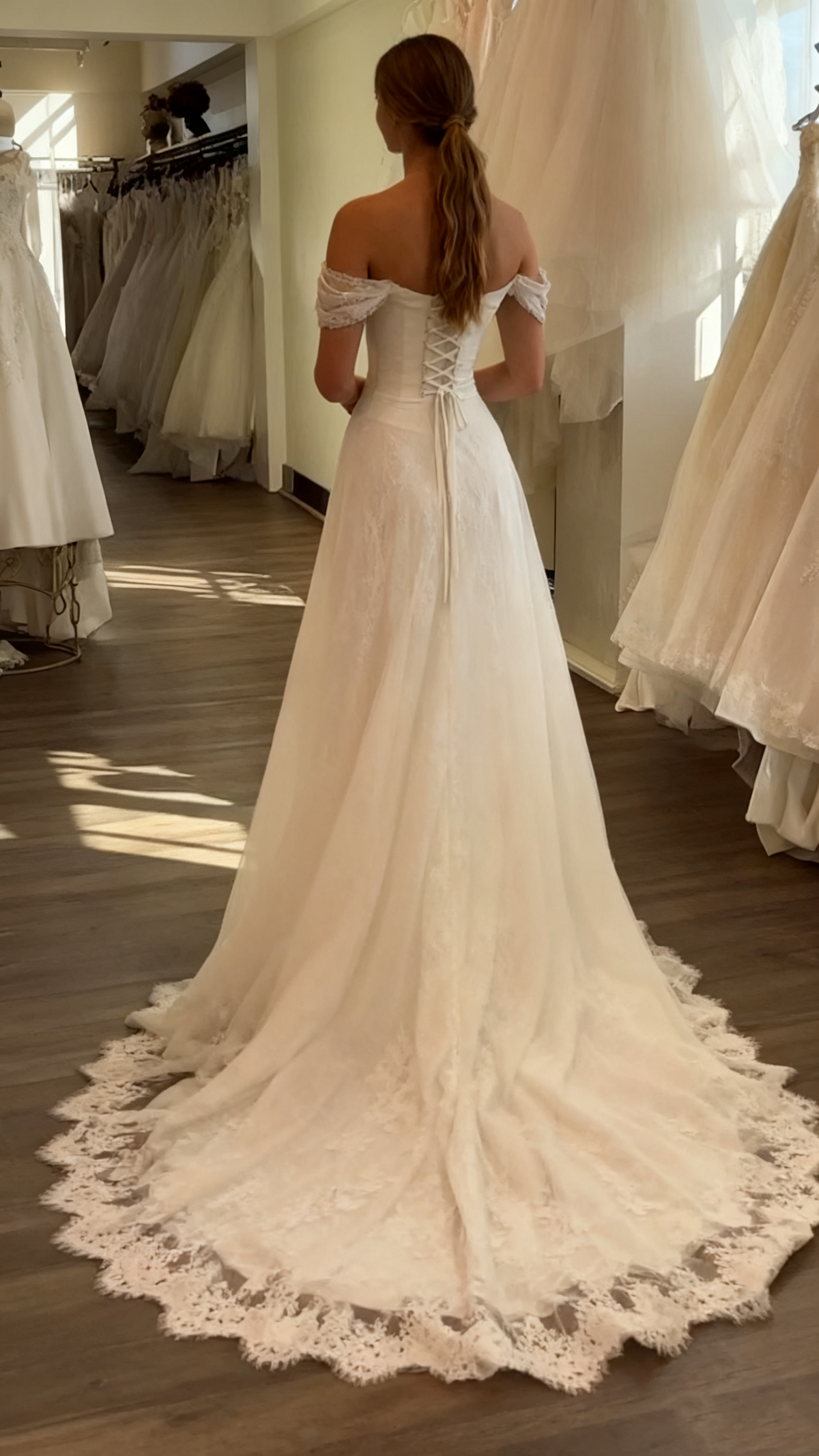 A Line White Off Shoulder Long Princess Wedding Dress - View 3 | VelvetHem