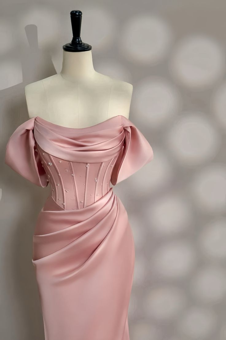Elegant Pink Off-the-Shoulder Pearls Beading Party Evening Gown Mermaid Prom Dress - View 2 | FashionDia