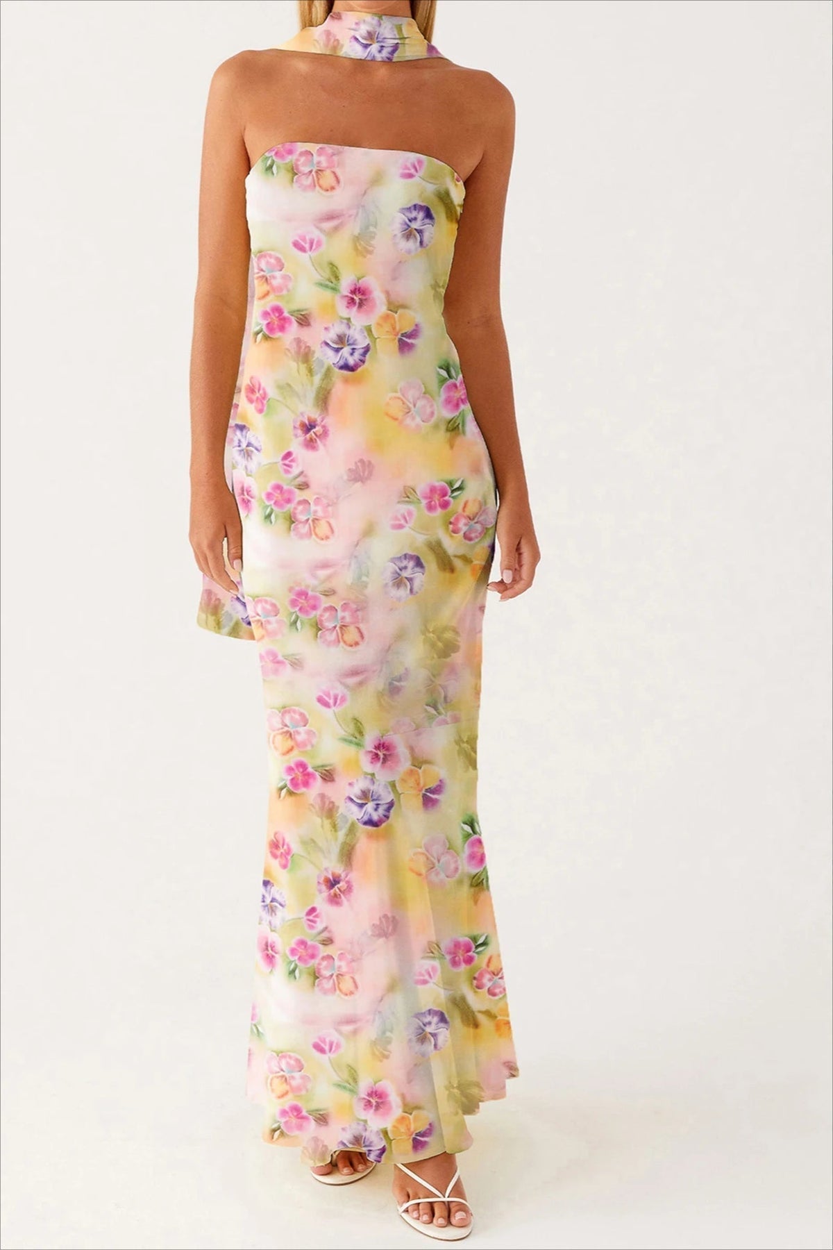 Strapless Ruffle Maxi Floral Dress - FashionDia