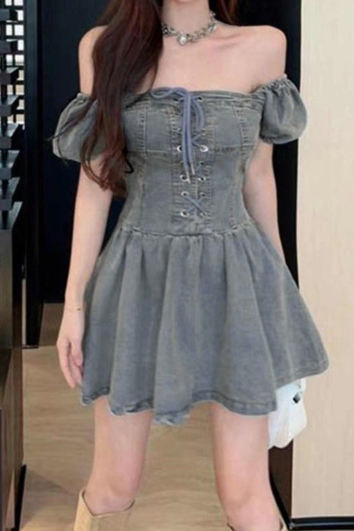 Lace Up Strapless Denim Dress - View 4 | VelvetHem