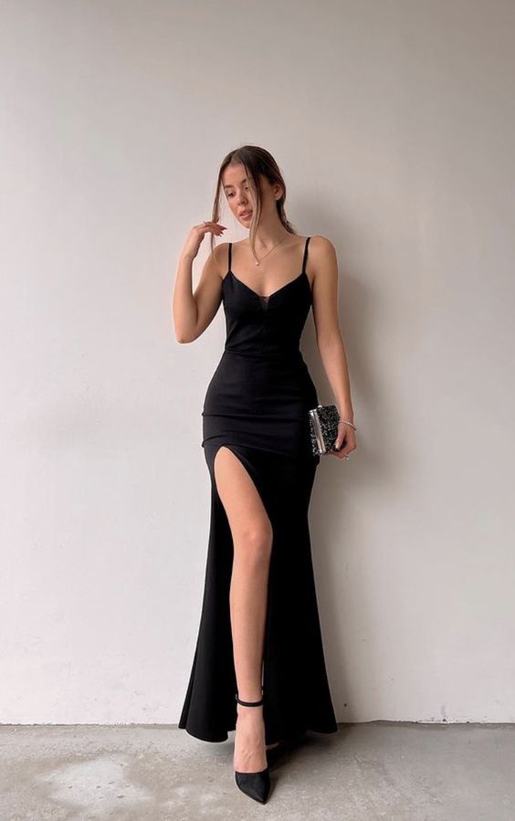 Spaghetti Straps Black Mermaid Long Evening Dress With High Split