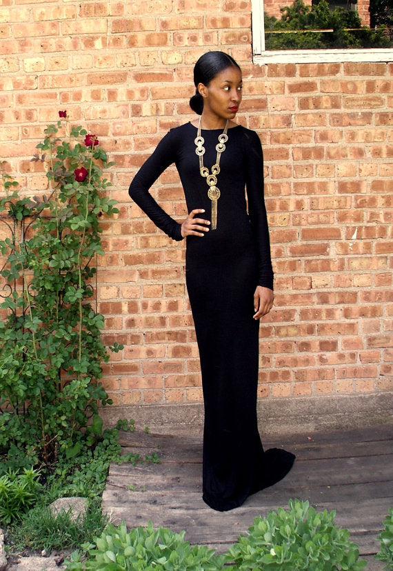 Black Backless Full Length Gown, Black Prom Dress, Black Formal Dress, Long Sleeves Prom Gown, Black Evening Dress - View 2 | FashionDia