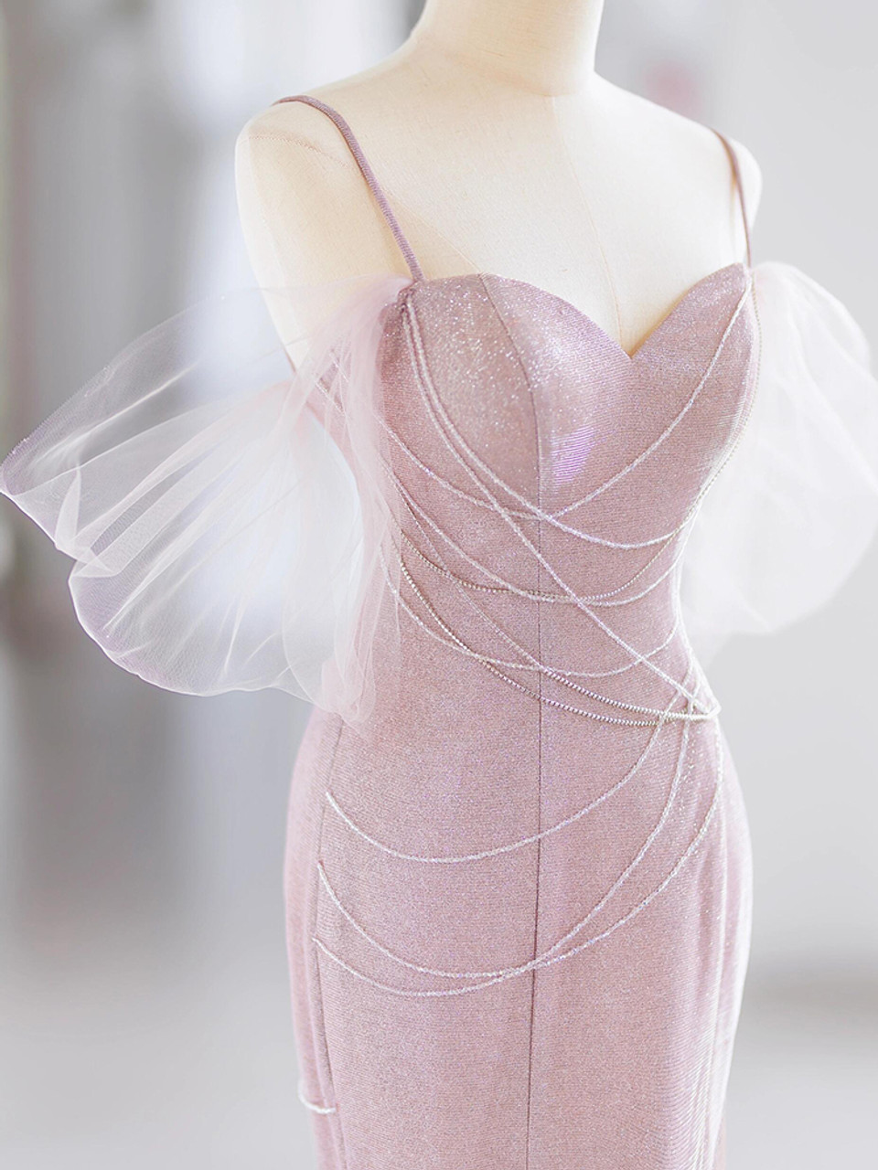 Elegant Pink Mermaid Spaghetti Straps Beading Prom Evening Dress Y7615 - View 3 | VelvetHem