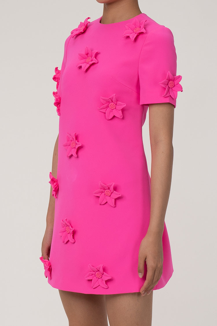 Feminine Rosette Crew Neck Short Sleeve Crepe Shift Party Mini Dress - Fashionpara