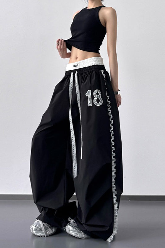 High Waist Slim Lace Trim Double Waist Casual Pants