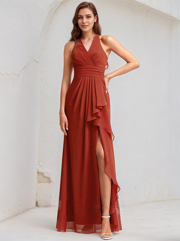 Vermilion Satin A Line V Neck Sleeveless Floor Length Bridesmaid Dress With Ruffle